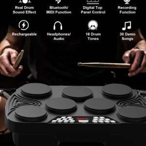 KONIX Electronic Drum Set, Tabletop Electric Drum Kit, 7 Pad Portable Digital Drum Pad Machine with Digital Panel, Built-in Speakers, PC Connection Support, Ideal Gift for Teens and Adult Beginners