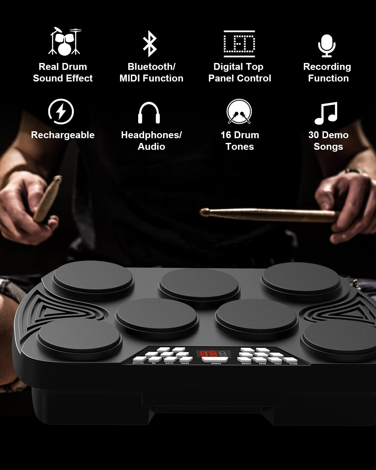 KONIX Electronic Drum Set, Tabletop Electric Drum Kit, 7 Pad Portable Digital Drum Pad Machine with Digital Panel, Built-in Speakers, PC Connection Support, Ideal Gift for Teens and Adult Beginners