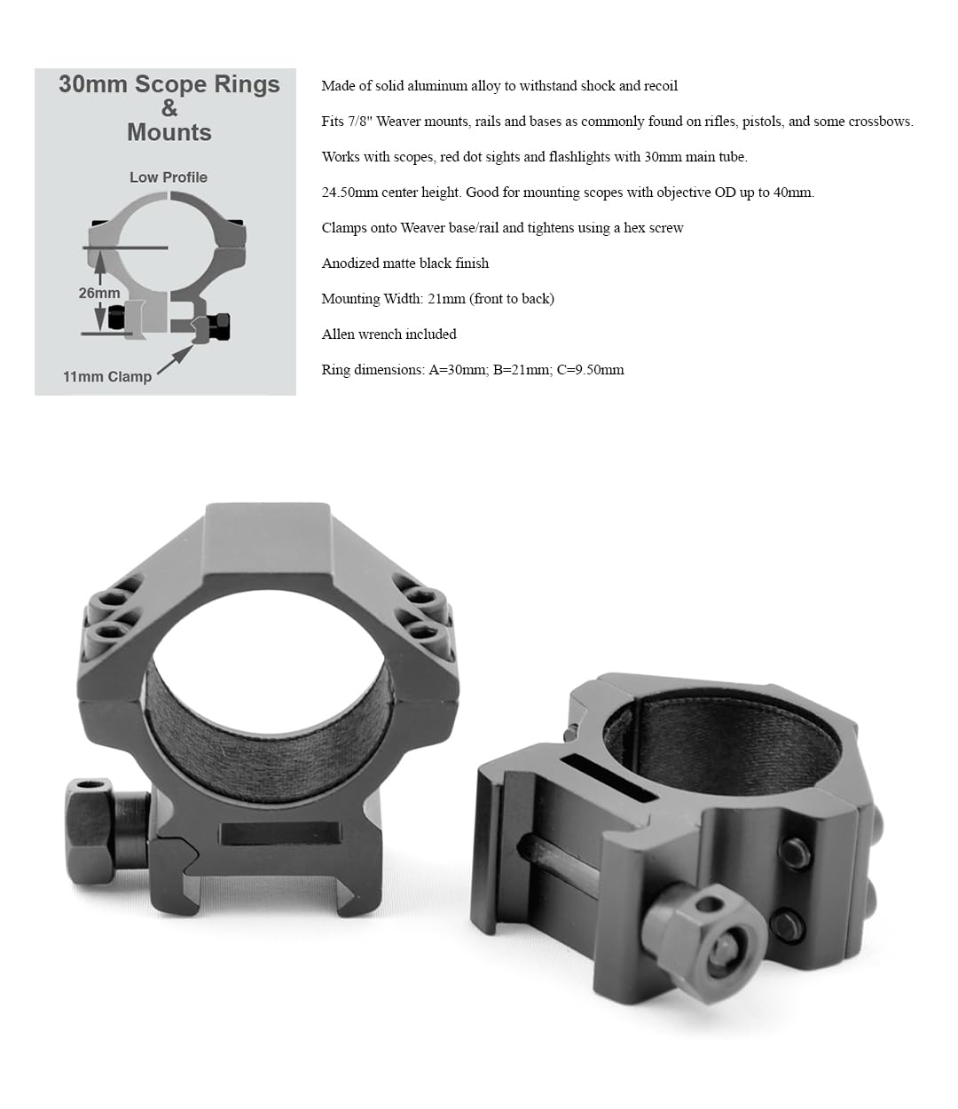 GOTICAL Ruger 10/22 Weaver and 3/8" Dovetail Mount Dovetail Predrilled Receiver Rail Mount Adapter (Black) (Rugar Rail with 30 mm Low Profile Rings)