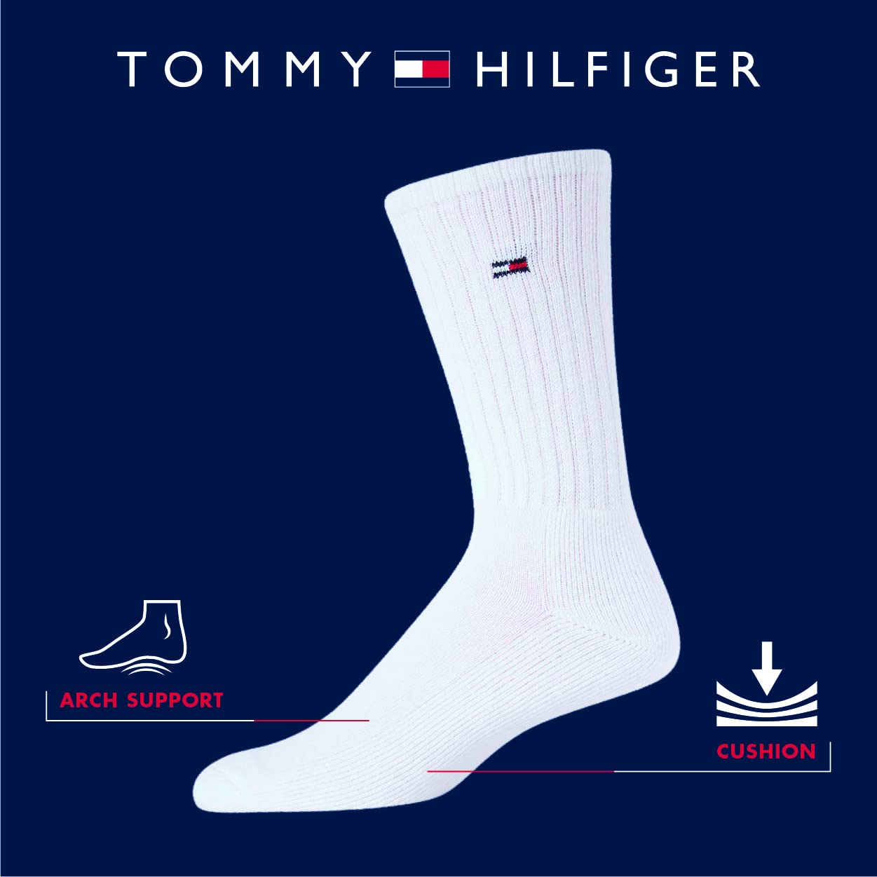 Tommy Hilfiger Men's Athletic Socks - Cushioned Crew Socks (12 Pack), Size 7-12, White Flag