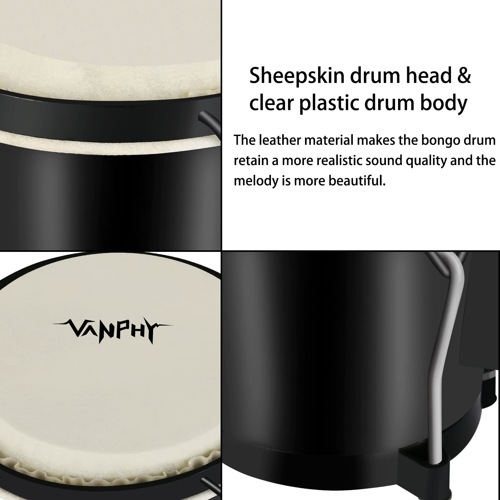 VANPHY Bongo Drum Set for Kids Beginners Natural Adult Bongos with Tuning Wrench Transparent Bongo Drums 6" and 7" Tunable Percussion bongo drum Natural Animal Hides Metal (Black)