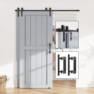 WINSOON 8FT Single Track Bypass Barn Door Hardware Double Doors Kit with 2PCS 12 Inch Sliding Barn Door Handles Black Hardware