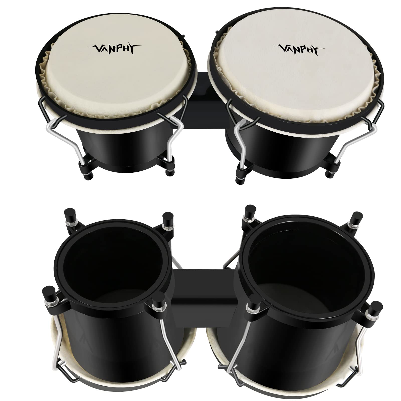 VANPHY Bongo Drum Set for Kids Beginners Natural Adult Bongos with Tuning Wrench Transparent Bongo Drums 6" and 7" Tunable Percussion bongo drum Natural Animal Hides Metal (Black)