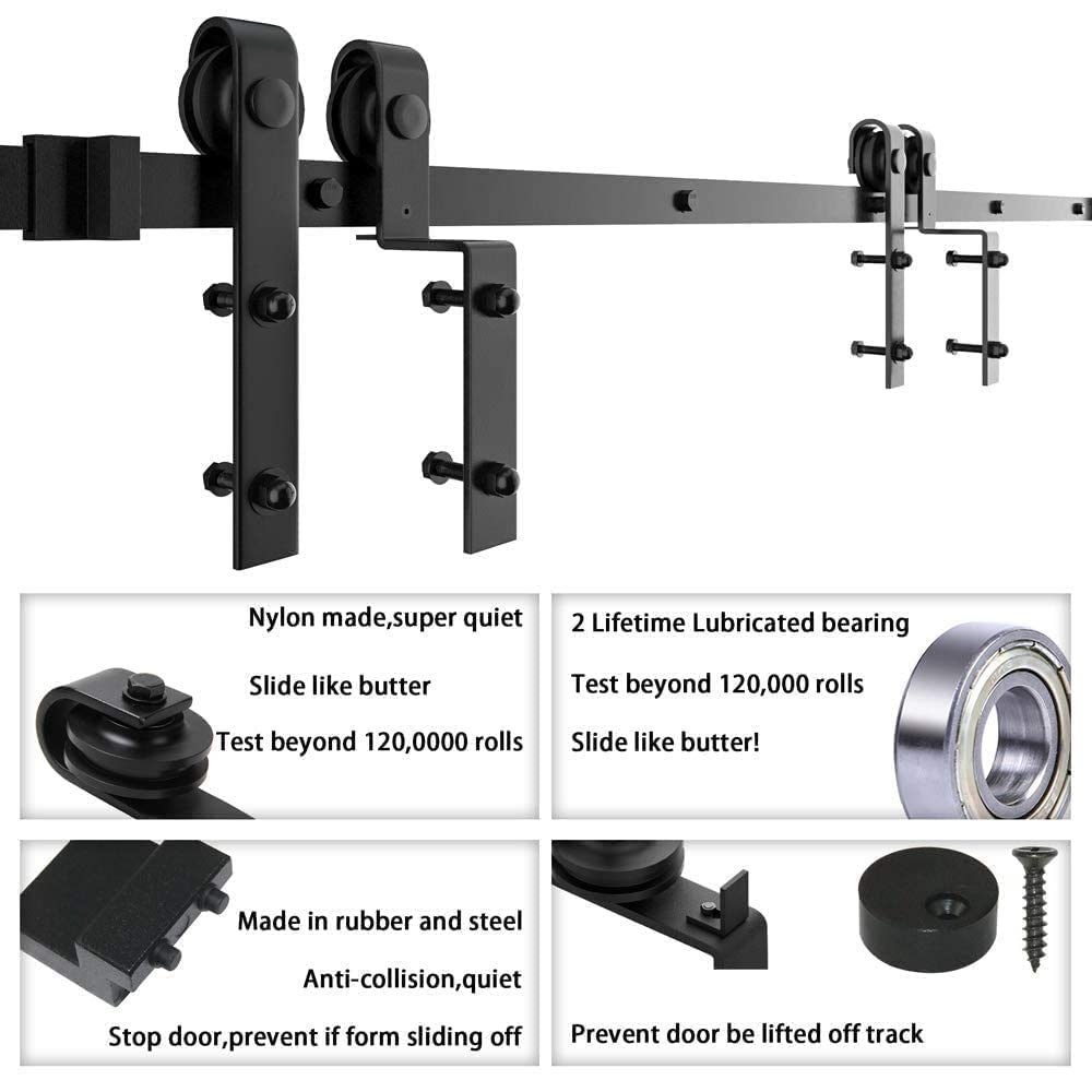 WINSOON 8FT Single Track Bypass Barn Door Hardware Double Doors Kit with 2PCS 12 Inch Sliding Barn Door Handles Black Hardware