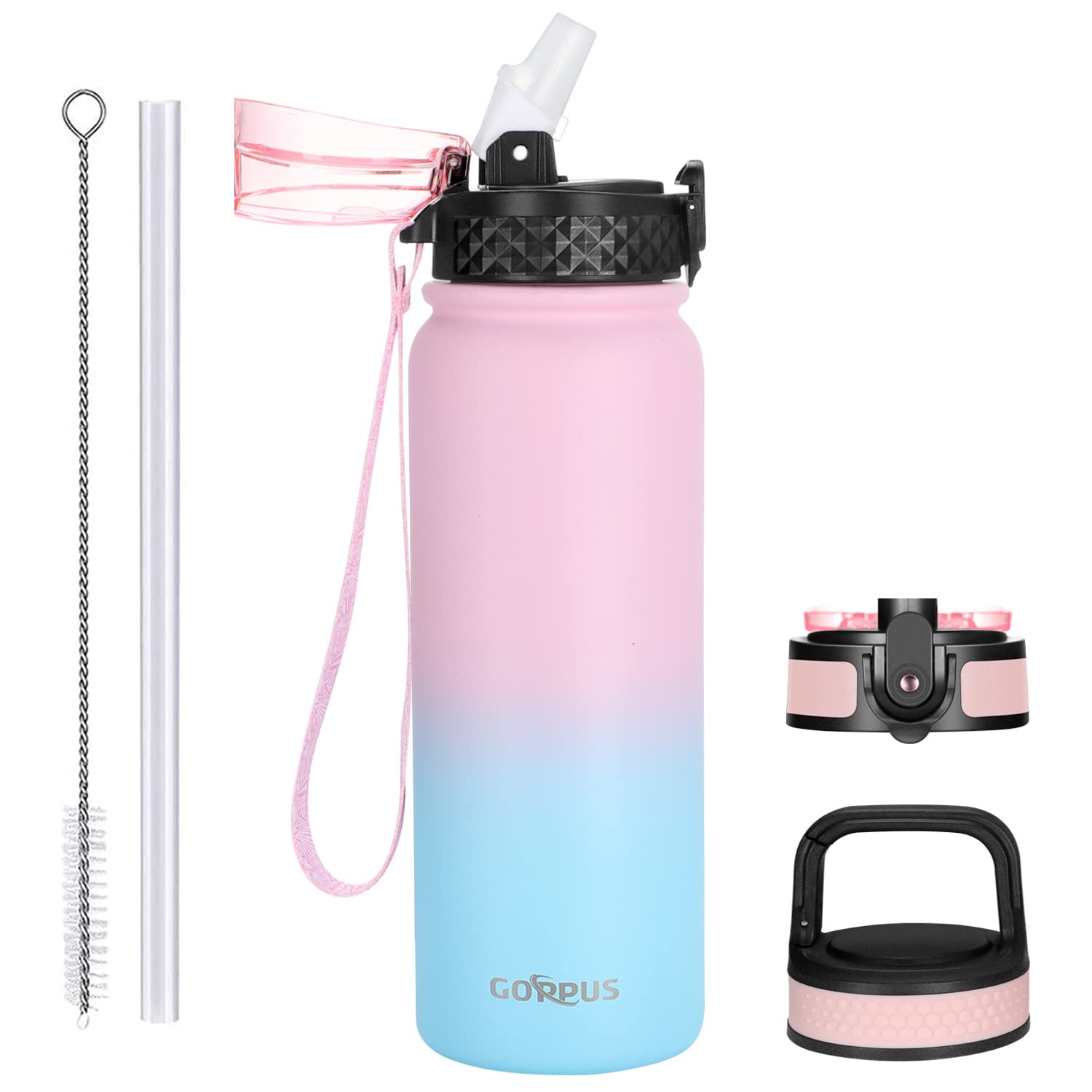 GOPPUS Kids Water Bottle with Straw Spout Wide Mouth Lid 20 oz Leak Proof Double Walled Metal Insulated Stainless Steel Sports Water Bottles with Strap Handle Stickers for Boys Girls School(3 Lids)