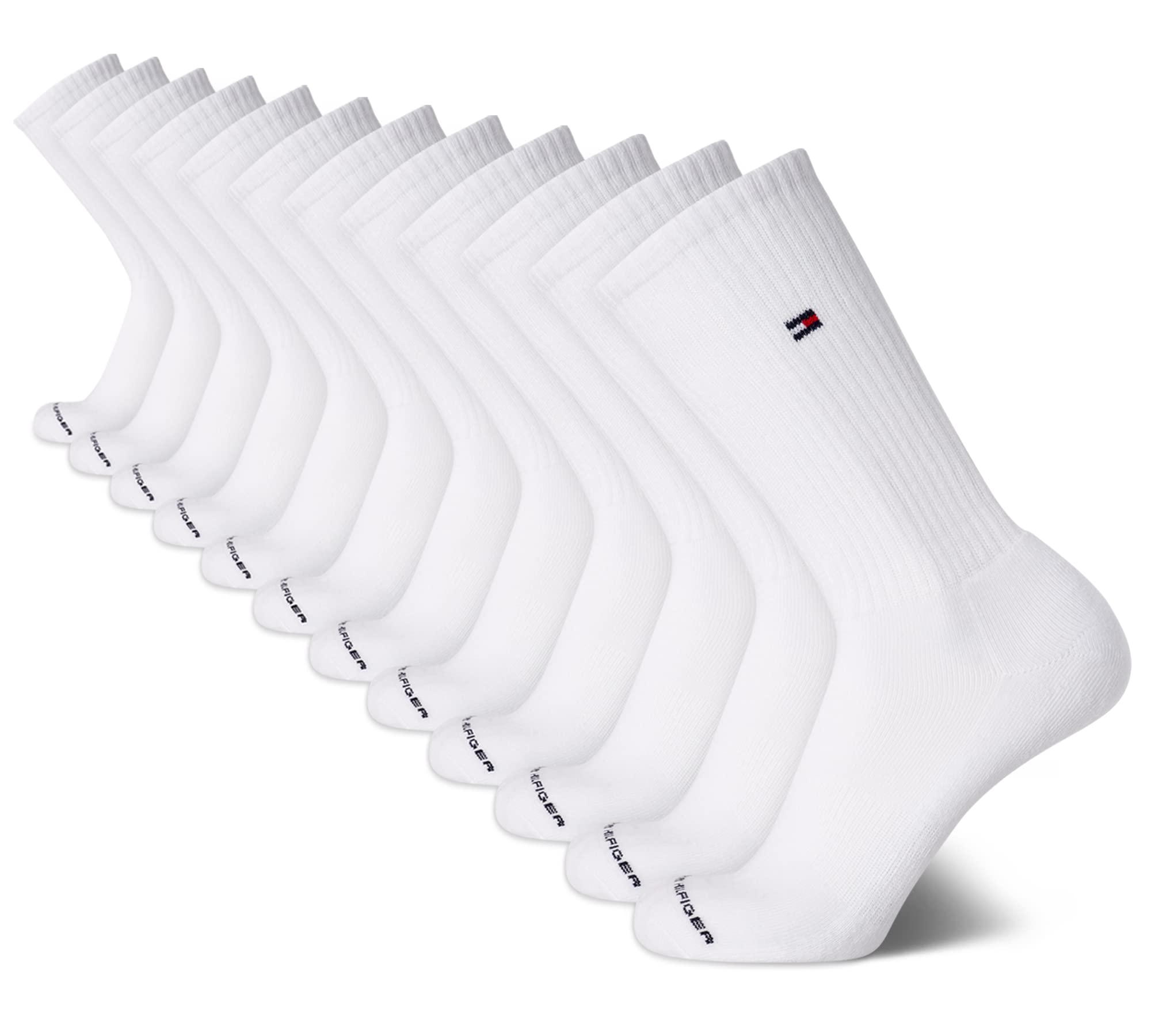 Tommy Hilfiger Men's Athletic Socks - Cushioned Crew Socks (12 Pack), Size 7-12, White Flag