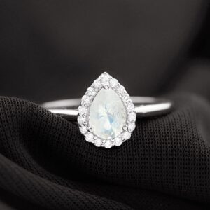 Natural Certified 5X7 MM Moonstone Halo Engagement Ring with Diamond, AAA Quality (With Ready To Gift Jewelry Box), 14K White Gold, Size:US 6.50