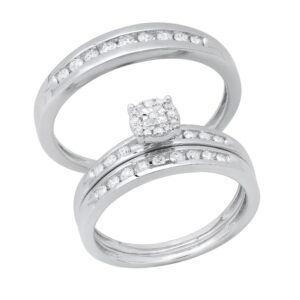 dazzlingrock collection 0.49 carat round lab grown white diamond cluster wedding trio ensemble set in in 925 sterling silver, women size 7.5 and men size 10