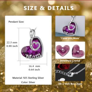 TOUPOP Gift for Mom Sterling Silver I Love You Mom Jewelry with Heart Amethyst Crystal, Birthday Gifts for Mom from Son Daughter