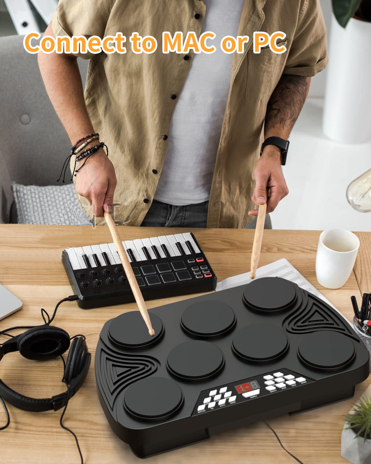 KONIX Electronic Drum Set, Tabletop Electric Drum Kit, 7 Pad Portable Digital Drum Pad Machine with Digital Panel, Built-in Speakers, PC Connection Support, Ideal Gift for Teens and Adult Beginners