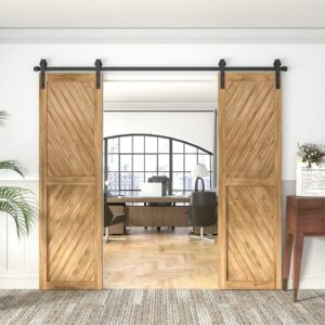 WINSOON 7.5FT Sliding Barn Wood Door Hardware Cabinet Closet Kit with Set of 2 Pcs Black Painted Solid Steel Gate Handle Kit