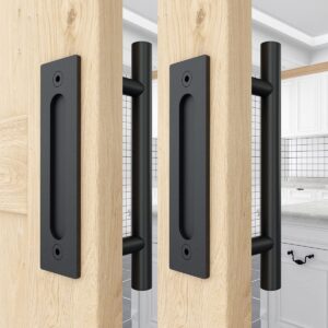 WINSOON 9FT Single Track Bypass Sliding Barn Door Hardware Kit for Double Doors with 2PCS 12 Inch Sliding Barn Door Handles Black Hardware