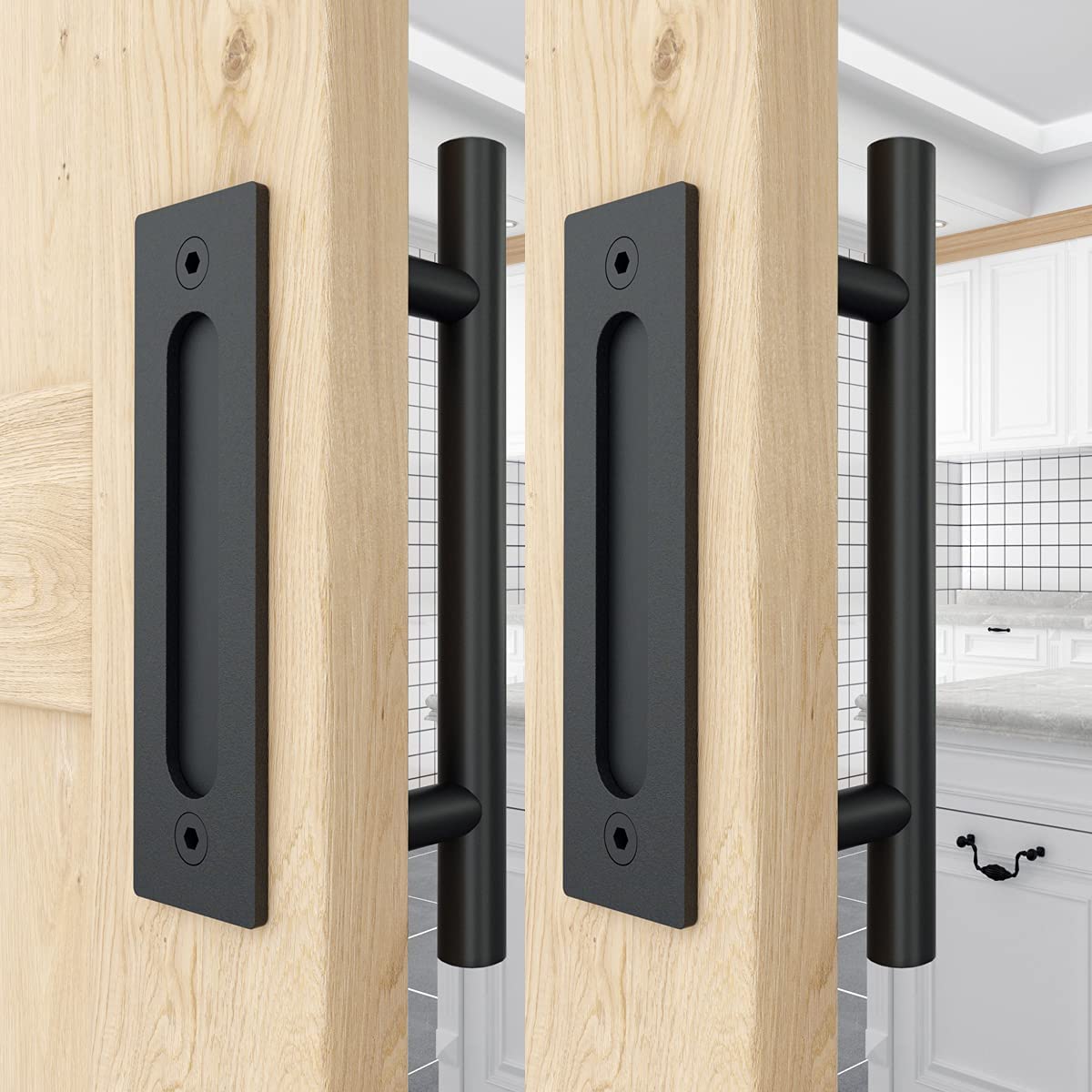 WINSOON 9FT Single Track Bypass Sliding Barn Door Hardware Kit for Double Doors with 2PCS 12 Inch Sliding Barn Door Handles Black Hardware