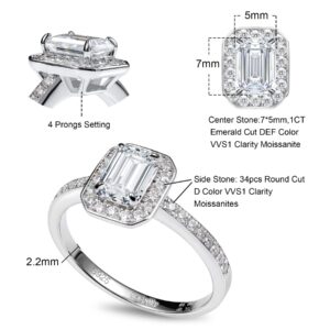 Moissanite Engagement Rings for Women Sterling Silver Solitaire Halo Lab Created Diamond Ring 1 Carat Emerald Cut White Gold Promise Ring for Her Size 6