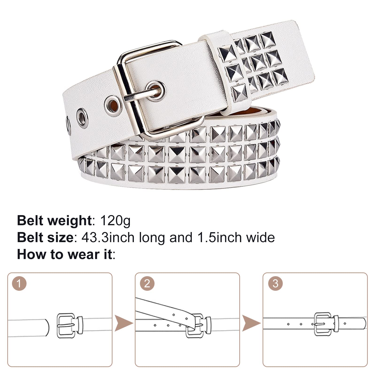 Studded Belt Metal Punk Rock Rivet Belt Emo Pyramid Stud Belt Threads Studded Goth Belt For Women Men Jeans Skirt (white)