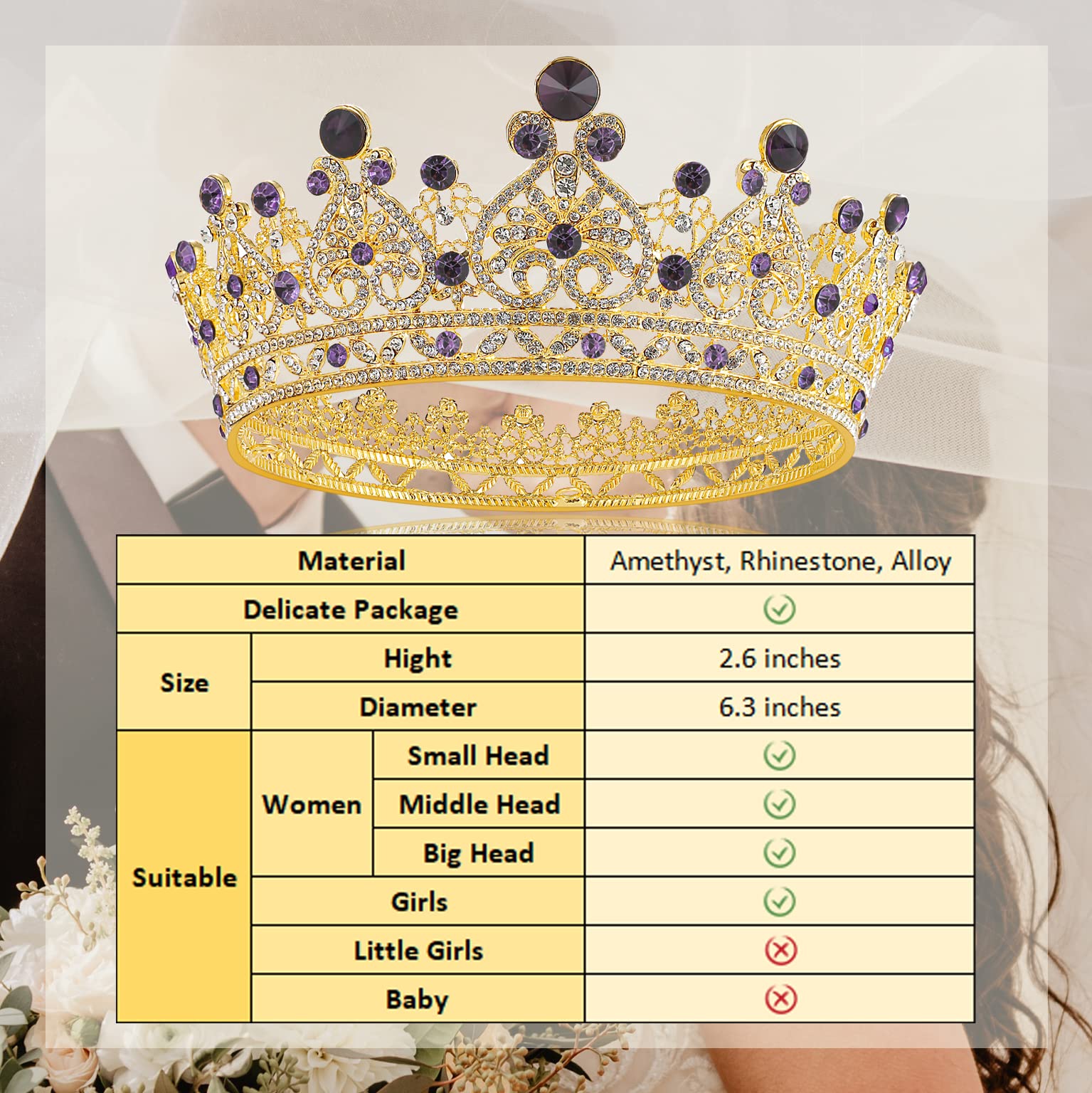 Amethyst Queen Crown and Tiara for Women Girls, Rhinestone Full Round Baroque Princess Crown Royal Costume for Wedding Birthday Party Prom Pageant Halloween (Gold and Purple)