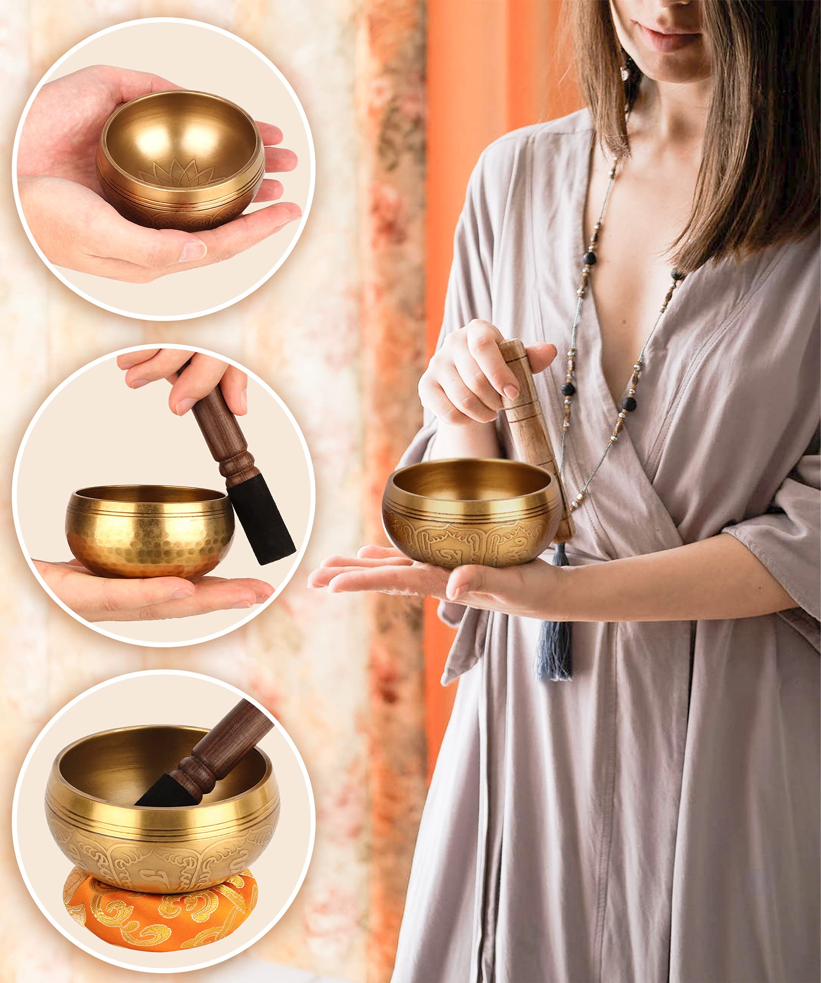 Relaehih Tibetan Singing Bowls Set-Hand-hammered in Nepal Sound Bowl for Meditation, Yoga, Chakra, Meditation Accessories, Unique Gifts for Women, Men (Yellow, 4 inch)