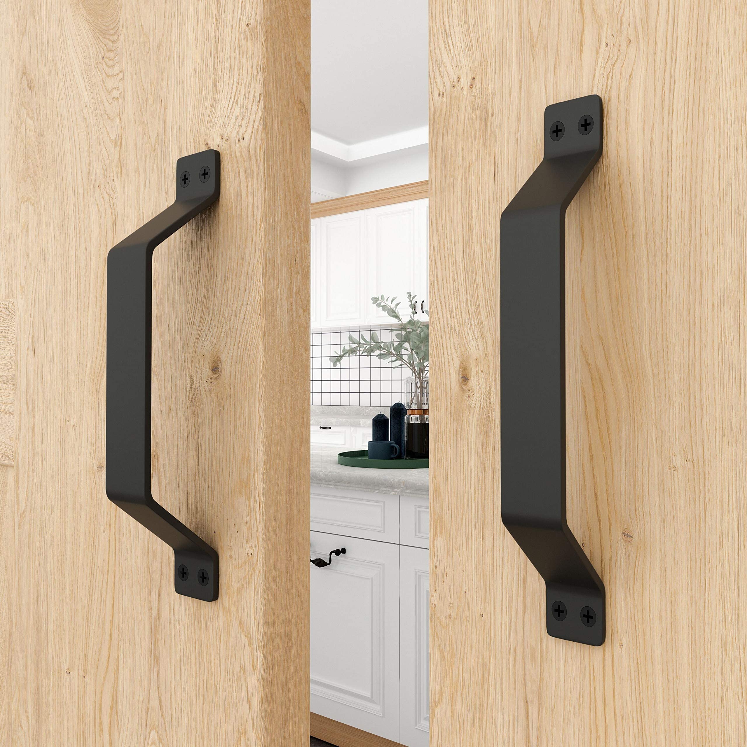 WINSOON Sliding Barn Door Hardware Double Door 12ft Track Kit with Set of 2 Pcs Black Painted Solid Steel Gate Handle Kit