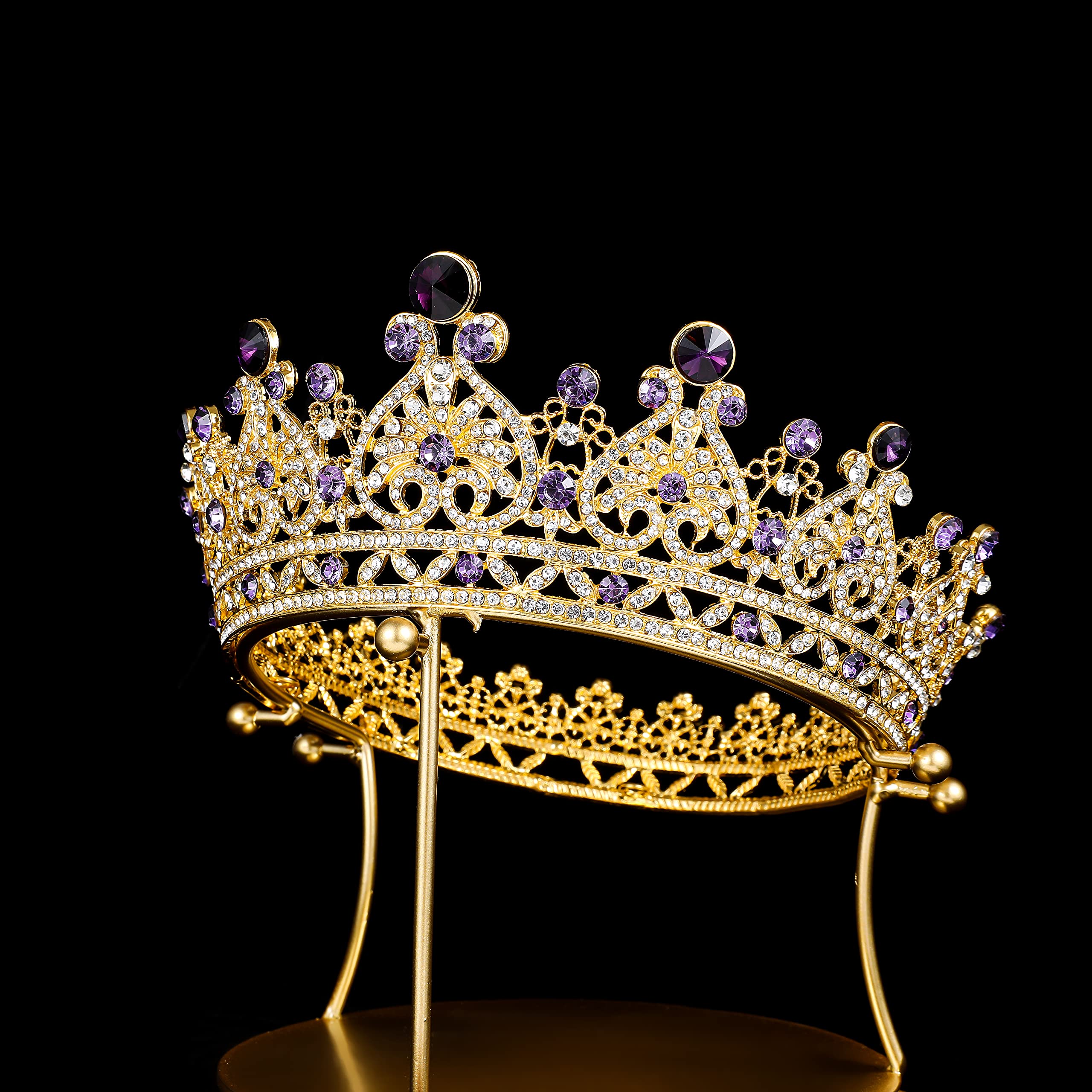 Amethyst Queen Crown and Tiara for Women Girls, Rhinestone Full Round Baroque Princess Crown Royal Costume for Wedding Birthday Party Prom Pageant Halloween (Gold and Purple)