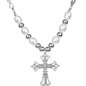 Girlssory Vintage Celtic Rhinestone Cross Long Pendant Necklace Pearl Beaded Choker Necklace Silver for Women