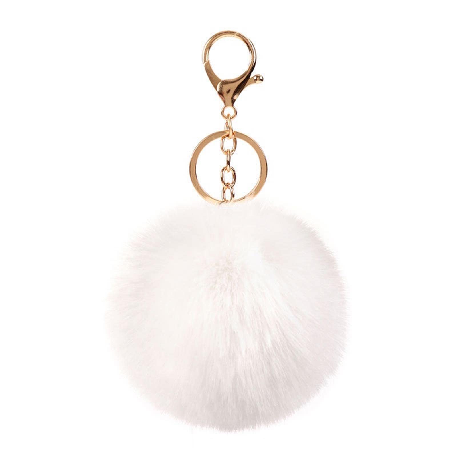 Pom Pom Keychains Colorful Faux Rabbit Fur Ball Keychain Car Key Ring Soft Plush Pompoms Handbag Keyring Charm-white