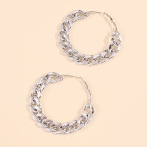 Girlssory Big Punk Chain Hoop Earrings Cuban Link Chain Earrings Chunky Earrings Fashion Punk Jewelry for Women (Silver)