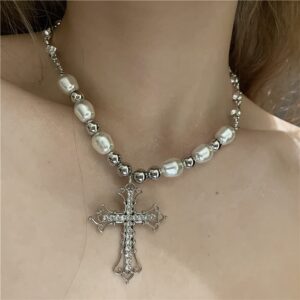 Girlssory Vintage Celtic Rhinestone Cross Long Pendant Necklace Pearl Beaded Choker Necklace Silver for Women