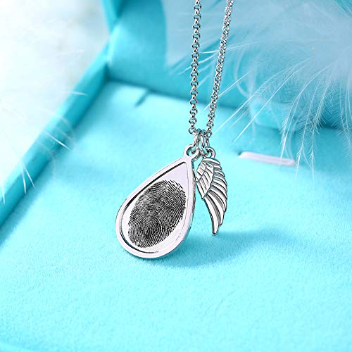 Custom Teardrop Fingerprint Necklace With Angel Wing Sterling Silver 925 Personalized Father Fingerprint Pendant Necklace Memorial Mother Day Anniversary Family Jewelry Gifts For Women Grandma