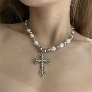 Girlssory Vintage Celtic Rhinestone Cross Long Pendant Necklace Pearl Beaded Choker Necklace Silver for Women