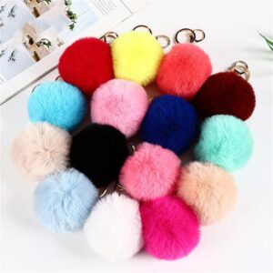 Pom Pom Keychains Colorful Faux Rabbit Fur Ball Keychain Car Key Ring Soft Plush Pompoms Handbag Keyring Charm-purple