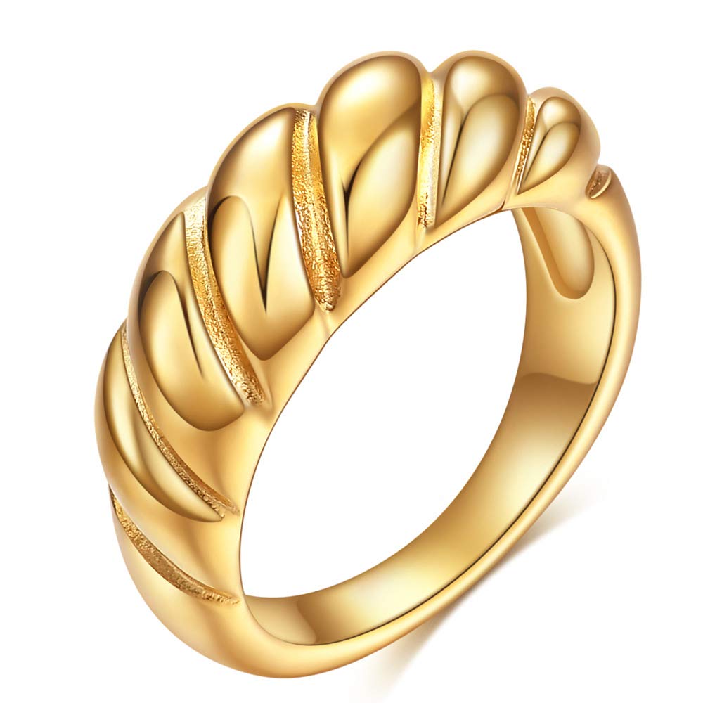 JILIYUPA 14K Gold Plated Croissant Dome Ring Twisted Braided Gold Plated Ring | Chunky Signet Ring, Signet Chunky Dome Ring Stacking Band for Women (Gold, 8)