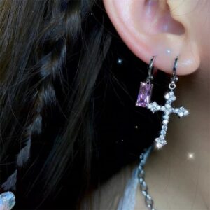 Fashion CZ Cross Dangle Earrings for Women Girls Hypoallergenic Crystal Charms Drop Dangling Huggie Small Hoop Cartilage Cuff Dainty Punk Faith Jewelry Gifts for Prayer (Silver)