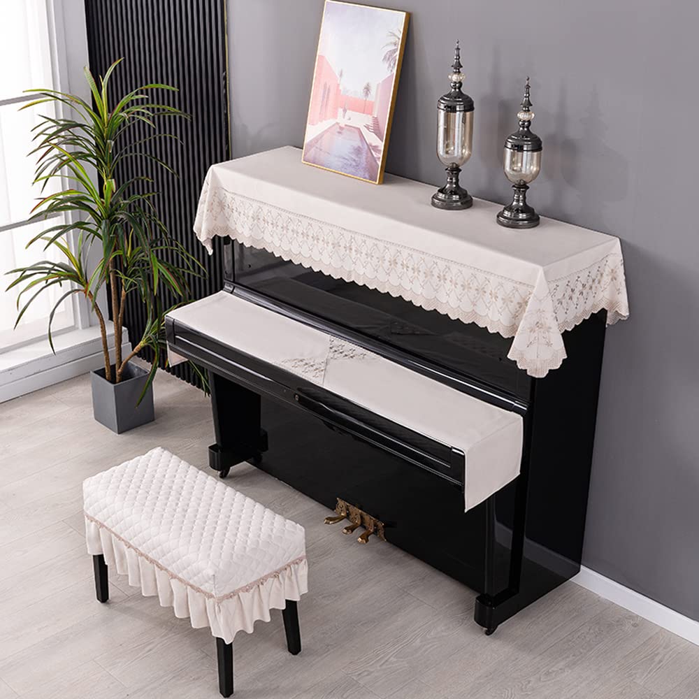 Upright Piano Cover Electronic Piano Keyboard Cover Piano Chair Cover Exquisite Embroidery Fashionable and Elegant Dust Cover With Frills (Piano Top Towel 200 * 90cm, Coffee Color)