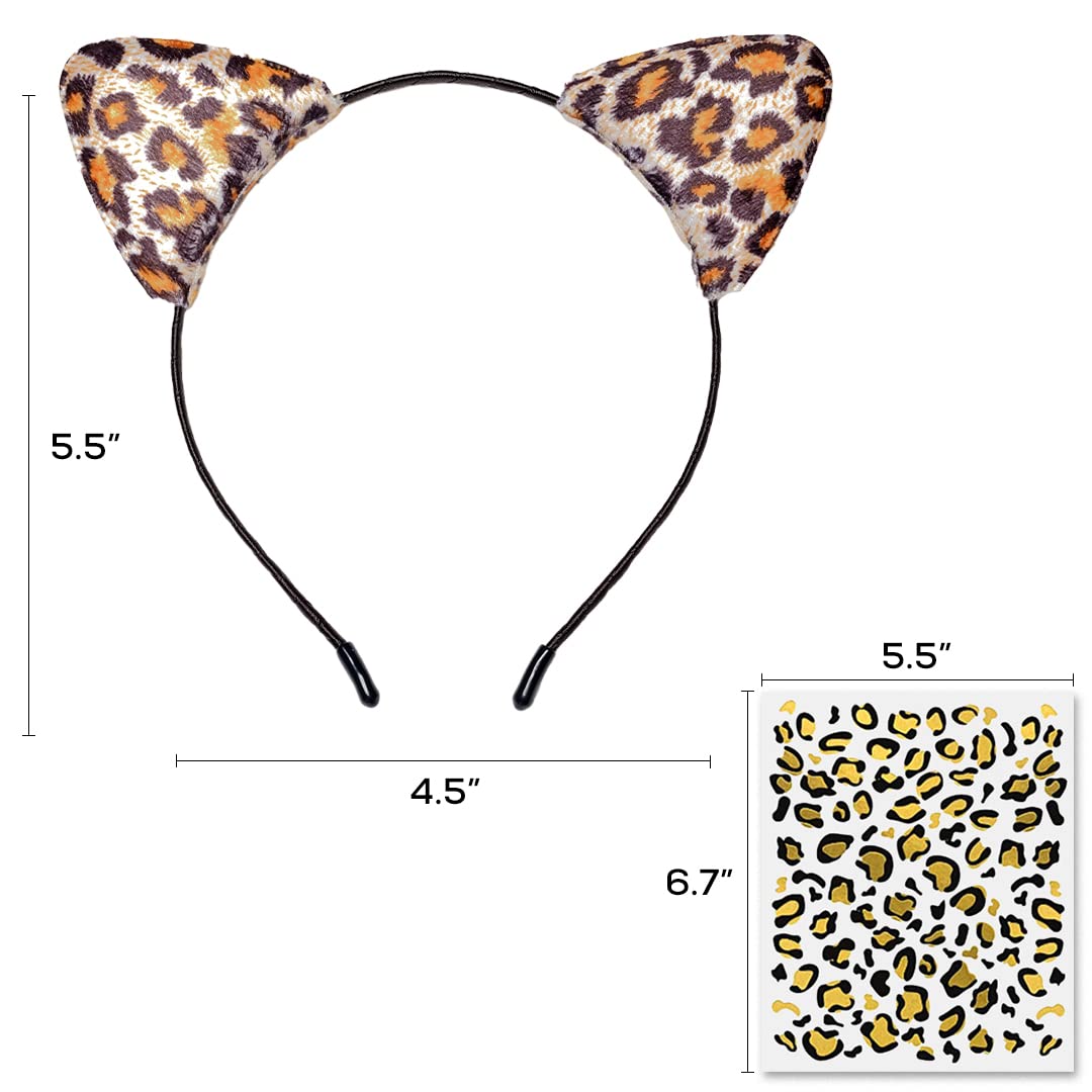 Funcredible Leopard Ears Headband with Tattoos - Cheetah Ear Headbands and Temporary Tattoos - Halloween Headband for Adults and Kids