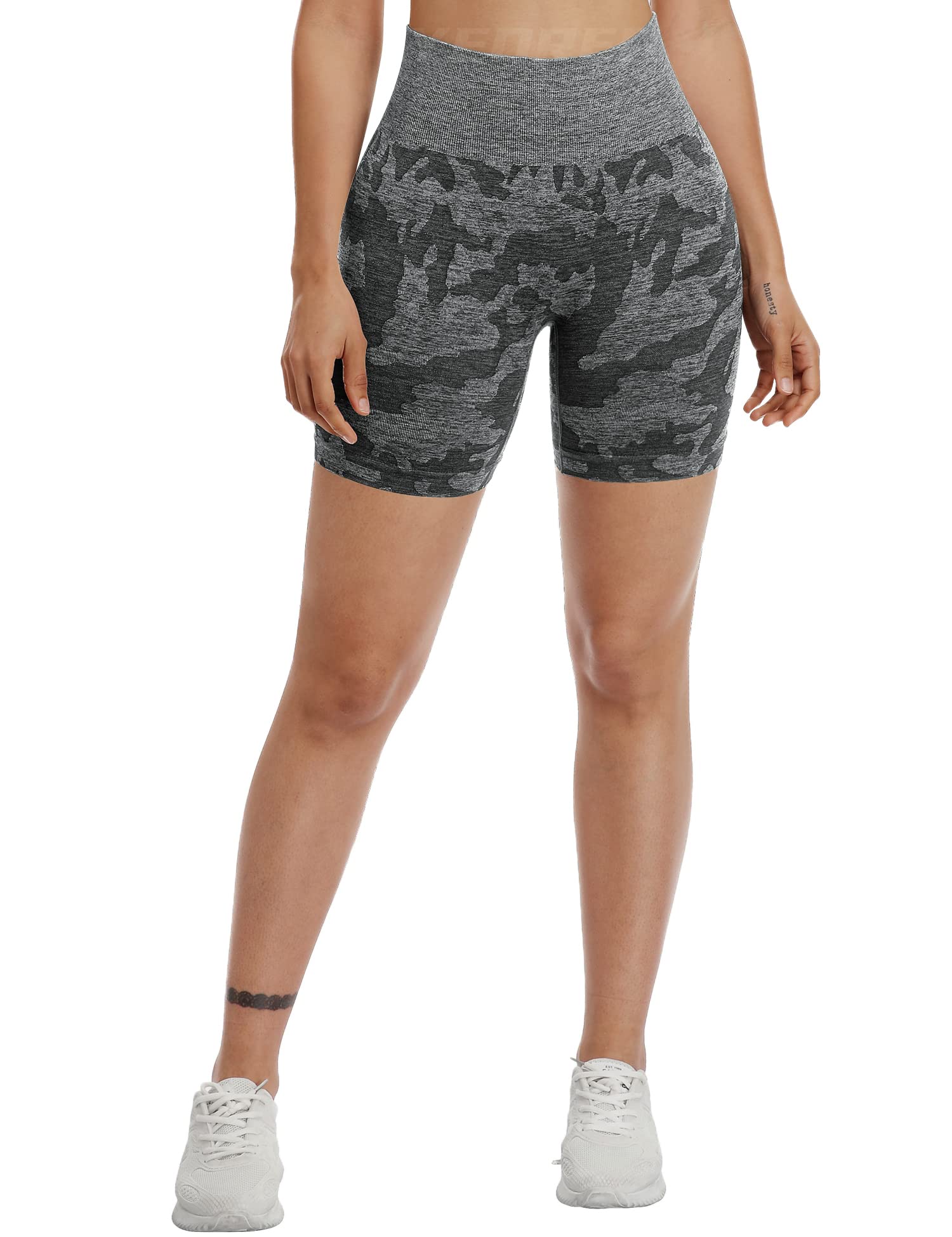 YEOREO Women Seamless Camo Shorts High Waisted Gym Yoga Workout Black L