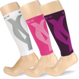 BLITZU 3 Pairs Calf Compression Sleeves for Women and Men Size L-XL, One White, One Pink, One Purple Calf Sleeve, Leg Sleeve.