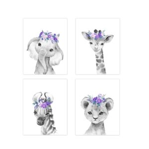 baby girl nursery wall art purple teal floral safari animals elephant giraffe lion zebra room decor 4 unframed prints