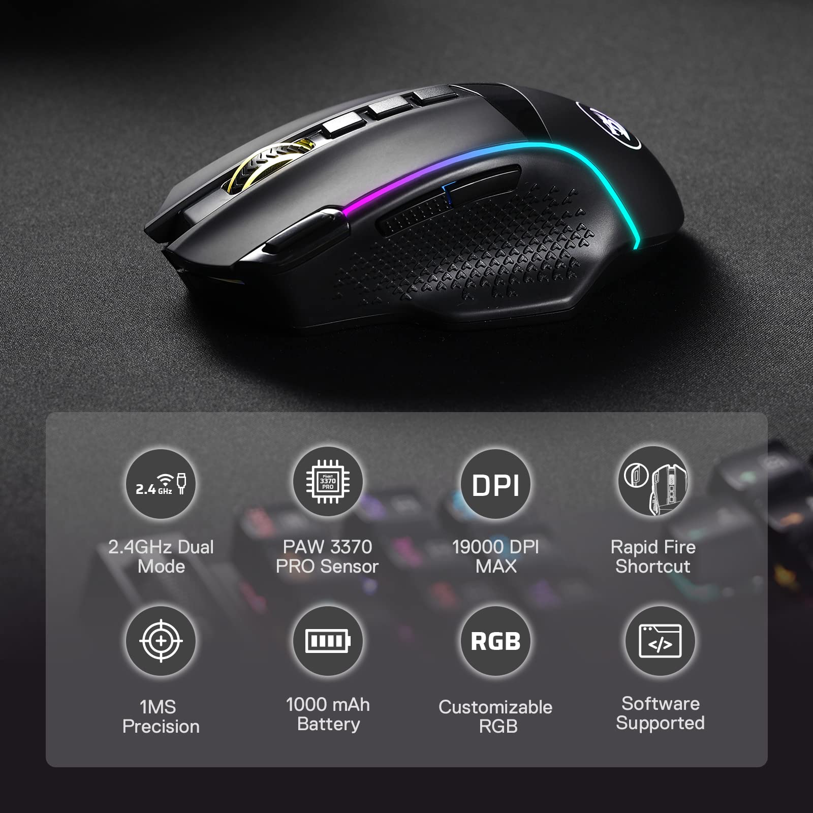 Redragon M991 Wireless Gaming Mouse, 19000 DPI Wired/Wireless Gamer Mouse w/Rapid Fire Key, 9 Macro Buttons, 45-Hour Power Capacity and RGB Backlight for PC/Mac/Laptop