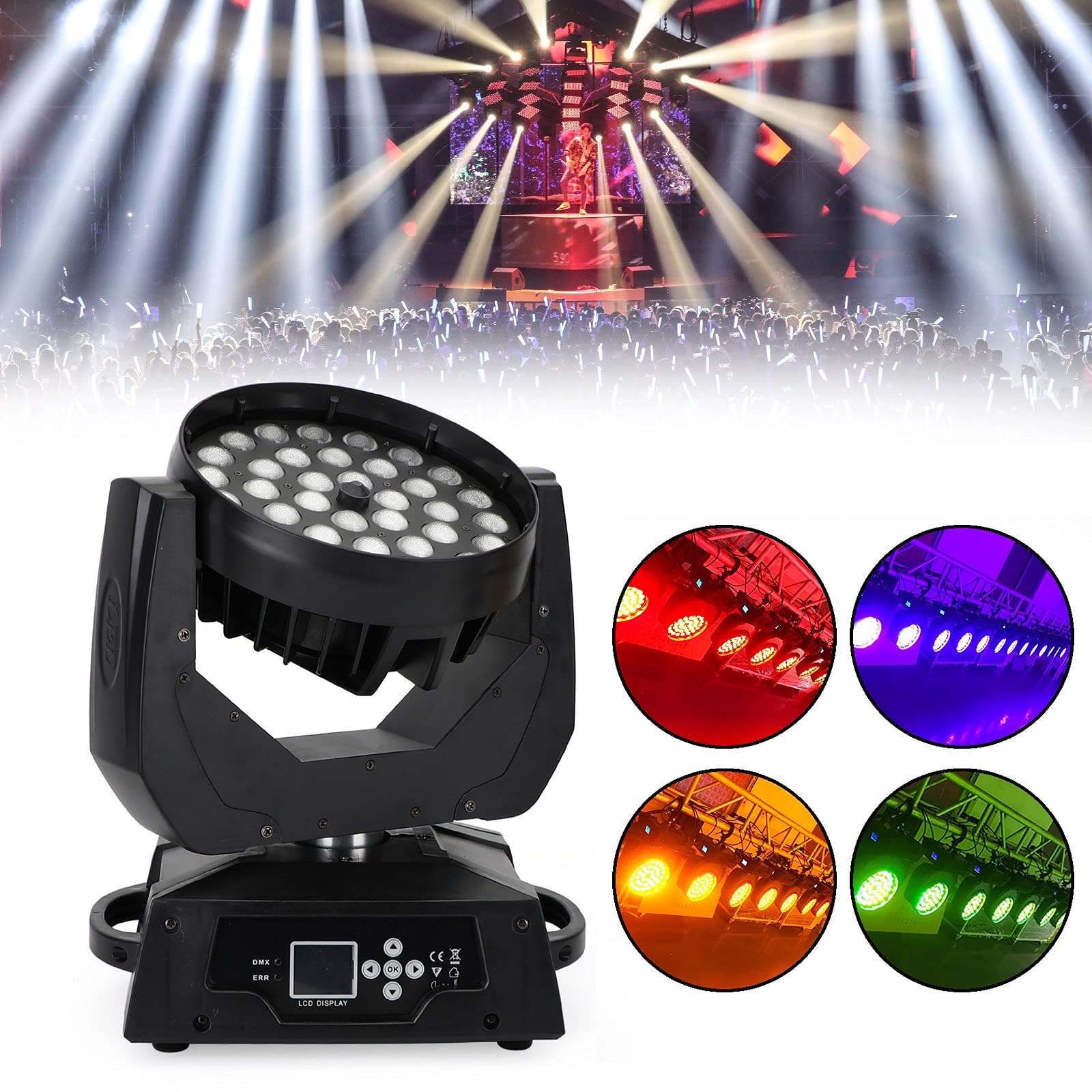 Frezon 2Pcs 360W Stage Lights Moving Head Light, RGBW DJ Stage Lighting, LED Circle Ring DMX 16Ch Stage Lights for Wedding Birthday Christmas Holiday