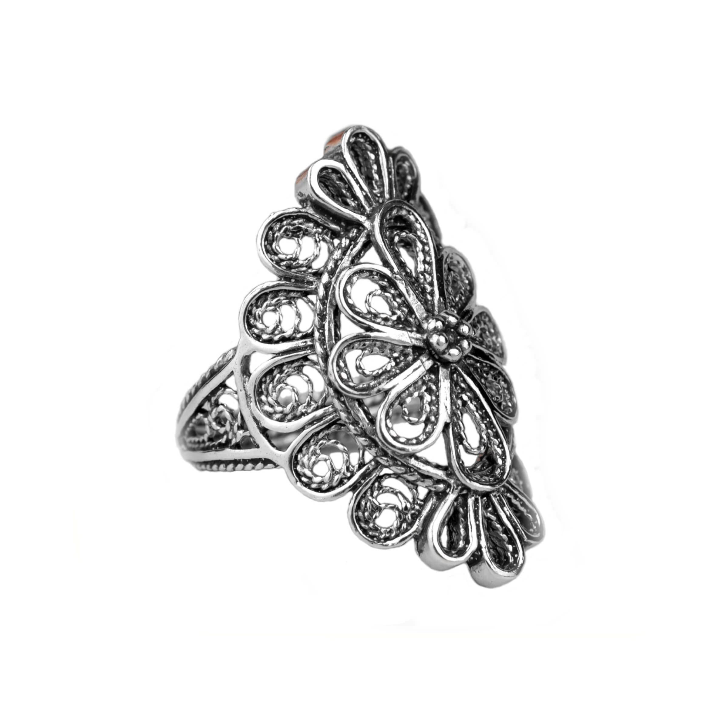 Filigranist 925 Sterling Silver Filigree Art Lace Embroidery Detailed Women Long Statement Ring (8.5)