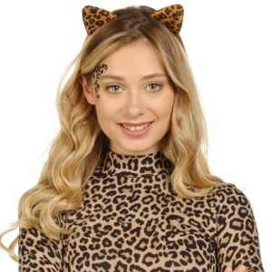 Funcredible Cheetah Ears Headband with Face Tattoos - Leopard Ears Accessory for Women and Kids