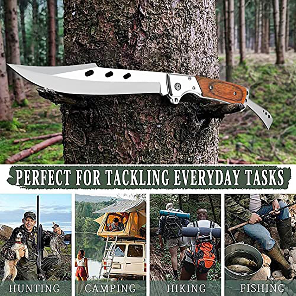 MADSABRE 12.7" Large Folding Knife Tactical Knives with Rosewood Handle and Sheath - 7.2" Long Blade Big Pocket Knife for Men for EDC Survival Hunting Camping Hiking Tools