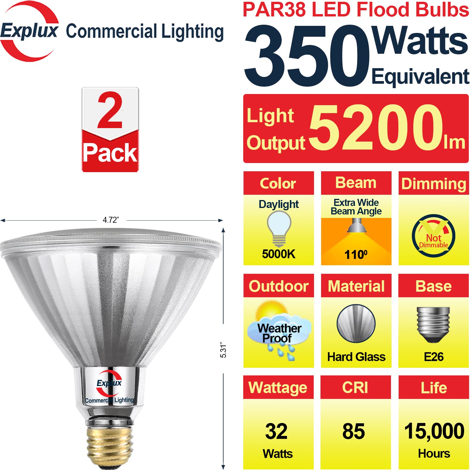 Explux 350 Watt Equivalent PAR38 LED Flood Light Bulb, Ultra Bright 5200 Lumens, Full-Glass Outdoor Waterproof & Anti-Ageing, Non-Dimmable, E26 Medium Base Spotlight, Daylight 5000K, 2-Pack