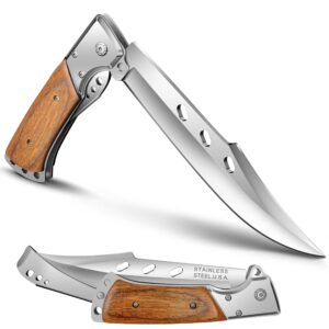 MADSABRE 12.7" Large Folding Knife Tactical Knives with Rosewood Handle and Sheath - 7.2" Long Blade Big Pocket Knife for Men for EDC Survival Hunting Camping Hiking Tools