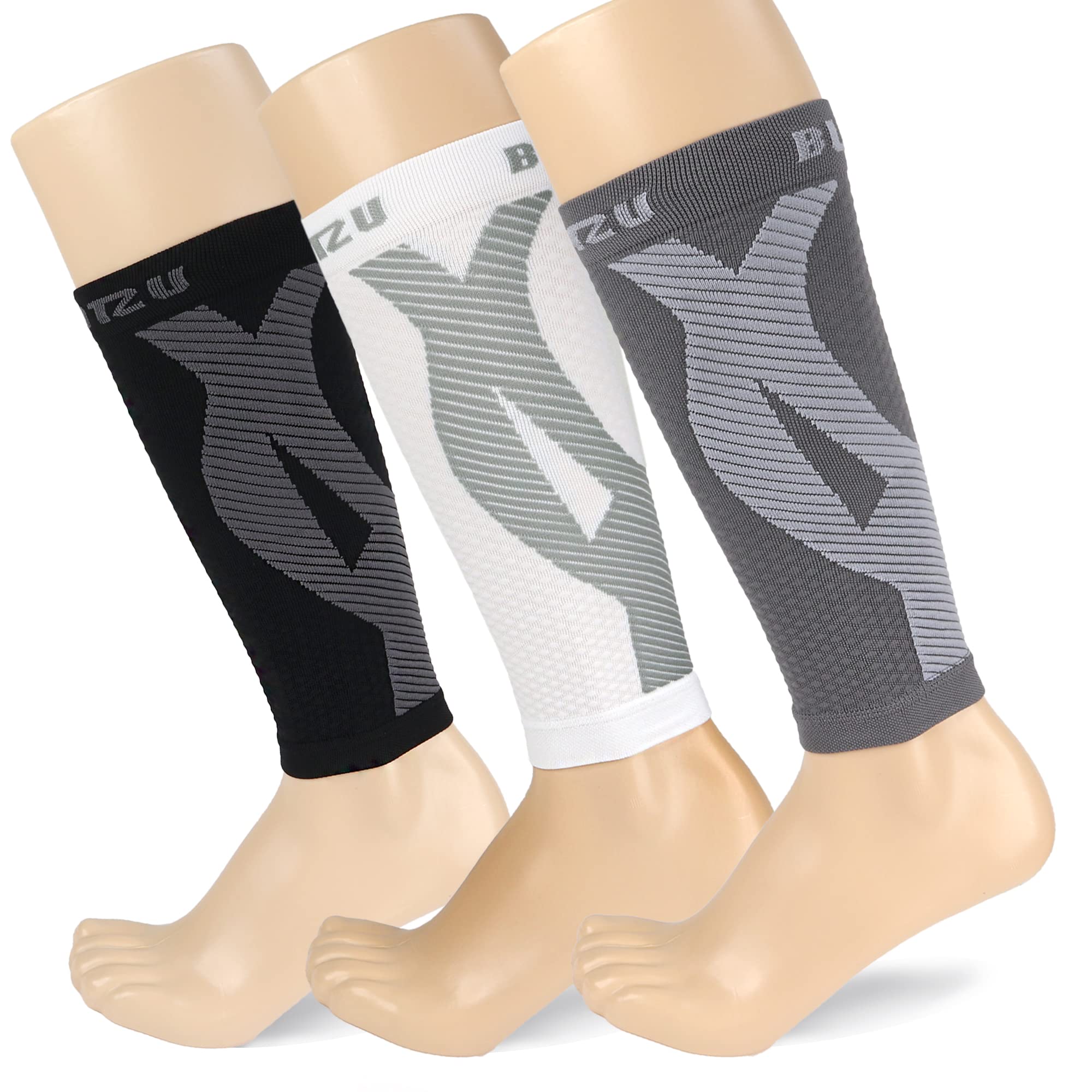 BLITZU 3 Pairs Calf Compression Sleeves for Women and Men Size S-M, One Black, One White, One Grey