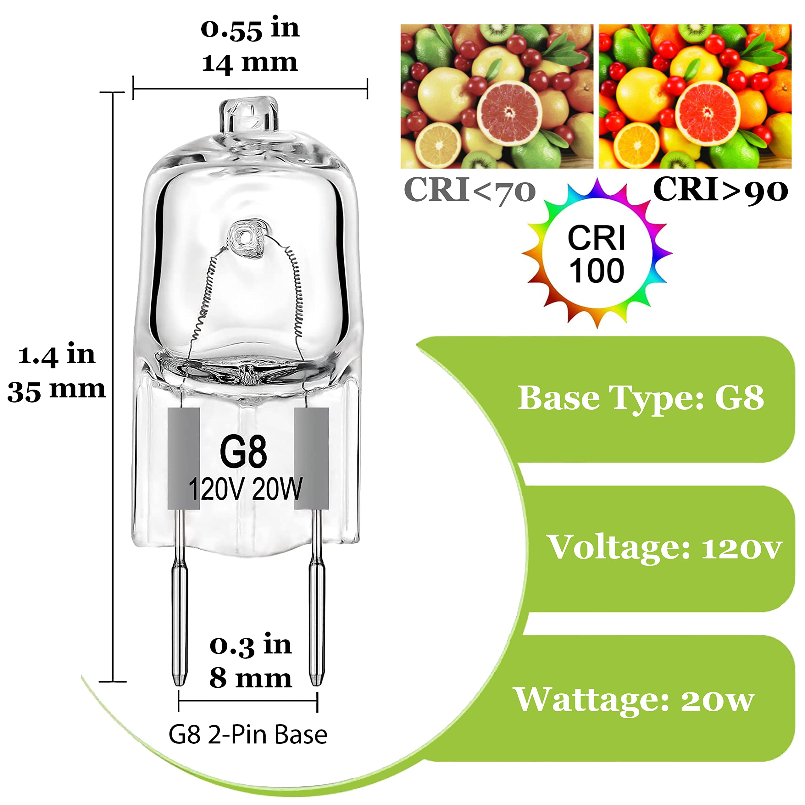 G8 Halogen Light Bulbs 2 pin - G8 Base 20 Watt Light Bulb 120V Dimmable Warm White 2700K - T4 JCD Type Under Cabinet Lighting Bi-Pin Puck Light Bulbs, 10 pack