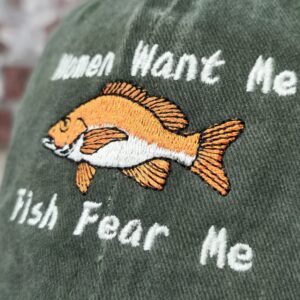 Hepandy Women Want Me Fish Fear Me Embroidered Washed Army Green Baseball Caps for Men, Embroidery Snapback Trucker Hat Adjustable Dad Hats Unisex