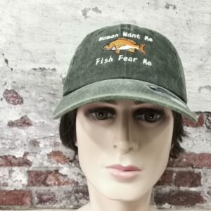 Hepandy Women Want Me Fish Fear Me Embroidered Washed Army Green Baseball Caps for Men, Embroidery Snapback Trucker Hat Adjustable Dad Hats Unisex