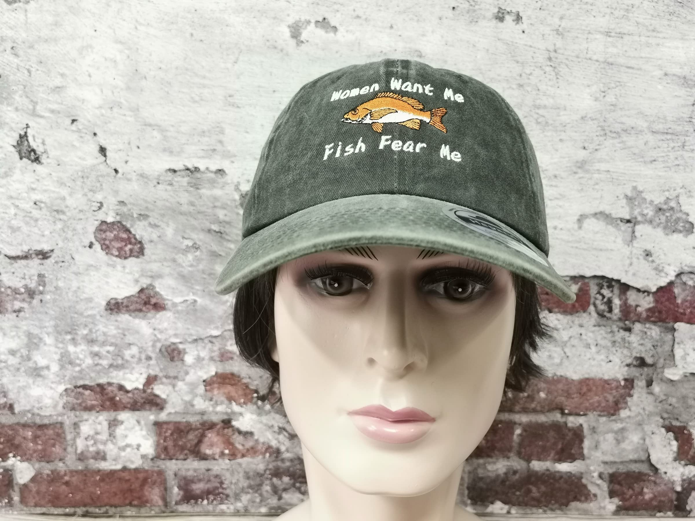 Hepandy Women Want Me Fish Fear Me Embroidered Washed Army Green Baseball Caps for Men, Embroidery Snapback Trucker Hat Adjustable Dad Hats Unisex