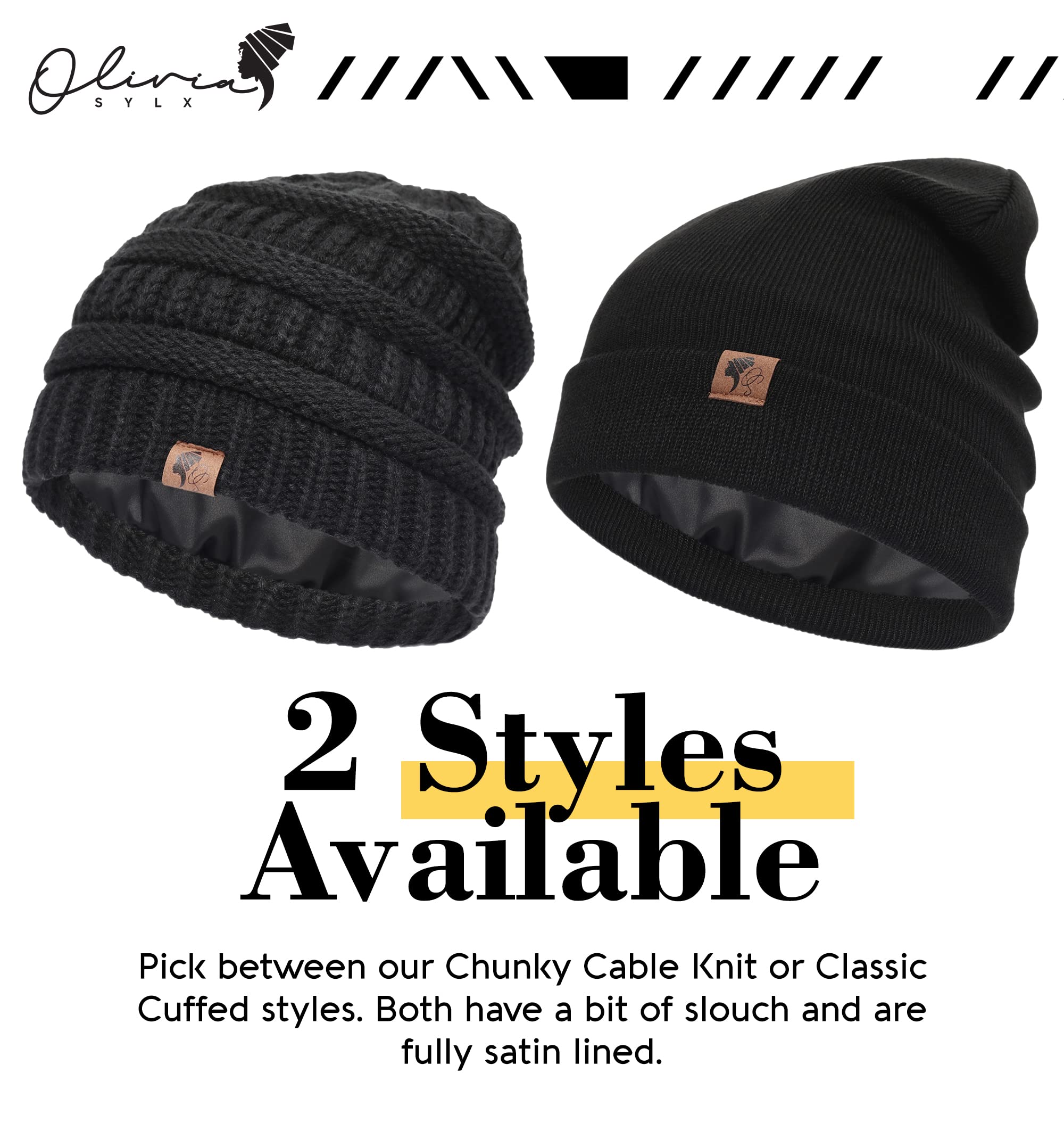 Olivia Sylx Cuffed Satin Lined Beanie for Women - Satin Lined Winter Hat - Beanie with Satin Lining - Satin Lined Hats Black